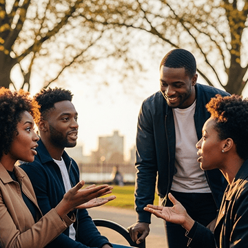 Group of people having a friendly conversation outdoors